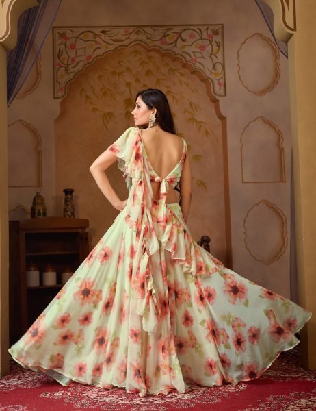  Party Wear Cream Georgette Designer Lehenga Choli Floral Print And Layered Ruffles Designer Lehenga Choli