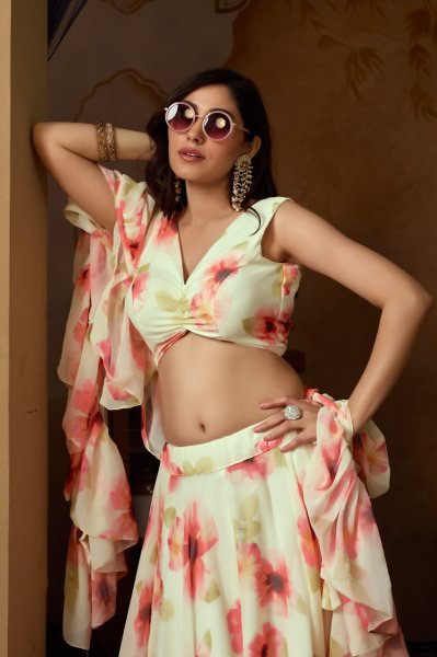  Party Wear Cream Georgette Designer Lehenga Choli Floral Print And Layered Ruffles Designer Lehenga Choli