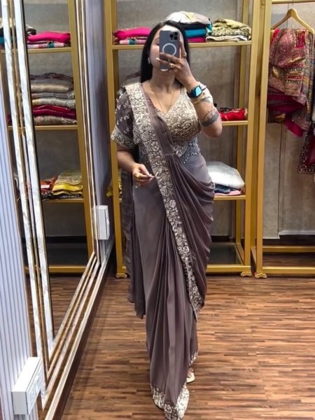Party Wear Cream Pre Draped Saree with Semi Beads Work and Stylish Look Ready To Wear Saree 