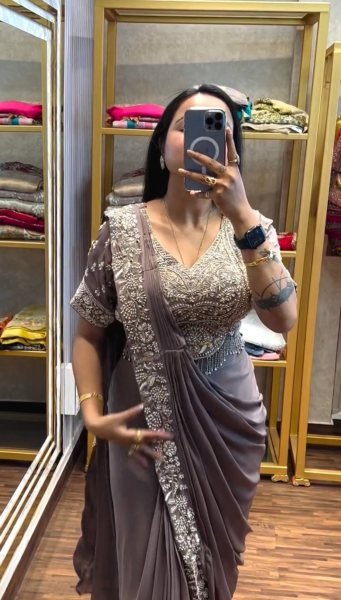 Party Wear Cream Pre Draped Saree with Semi Beads Work and Stylish Look Ready To Wear Saree 