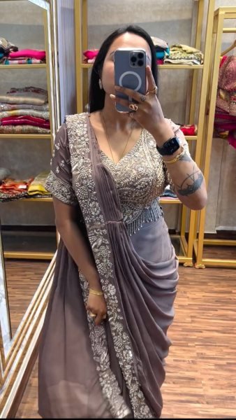 Party Wear Cream Pre Draped Saree with Semi Beads Work and Stylish Look Ready To Wear Saree 