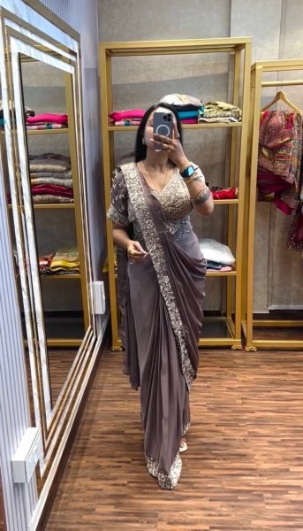 Party Wear Cream Pre Draped Saree with Semi Beads Work and Stylish Look Ready To Wear Saree 