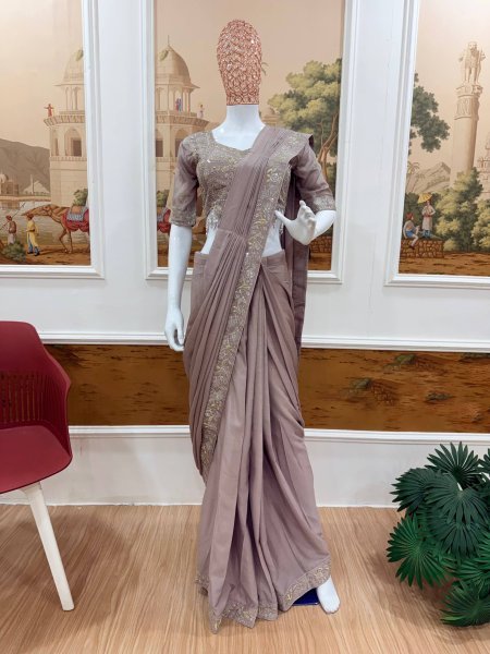 Party Wear Cream Pre Draped Saree with Semi Beads Work and Stylish Look Ready To Wear Saree 