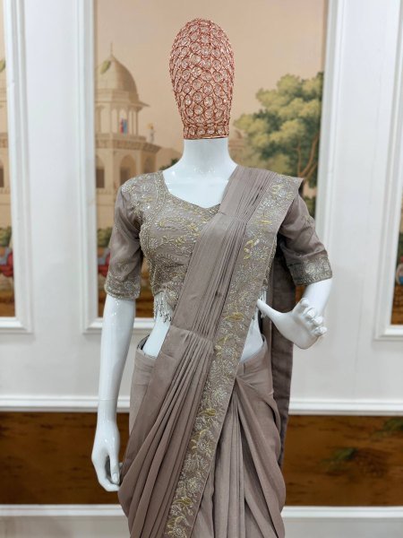 Party Wear Cream Pre Draped Saree with Semi Beads Work and Stylish Look Ready To Wear Saree 