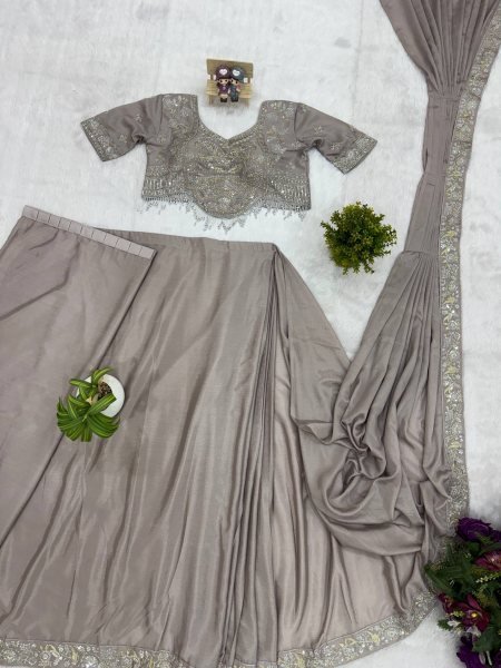 Party Wear Cream Pre Draped Saree with Semi Beads Work and Stylish Look Ready To Wear Saree 