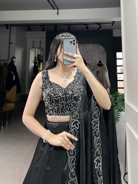 Party Wear Elegant Black Star Satin Embroidered Lehenga Choli With dupatta Designer Lehenga Choli
