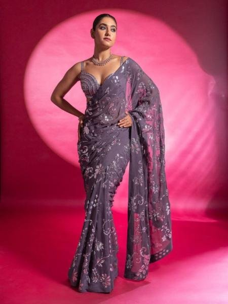 Saree Rosso Sposa In Georgette Con Camicetta Non Cucita - Abito Tradizionale Indiano Da Cerimonia, 5mt + 0.75mt