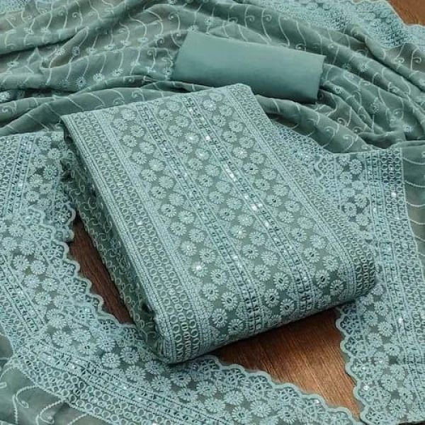 Party Wear Georgette Suit with All-Over Siffli and Embroidered Dupatta Color Set Matching Dress Material Wholesale