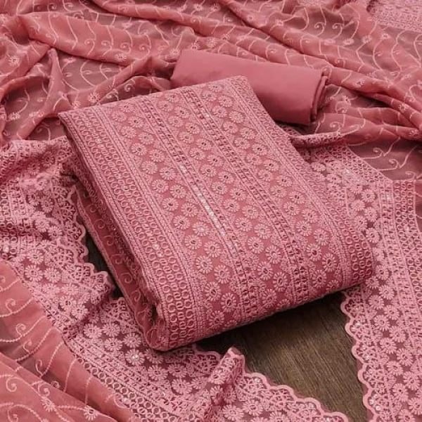 Party Wear Georgette Suit with All Over Siffli and Embroidered Dupatta Color Set Matching Dress Material Wholesale