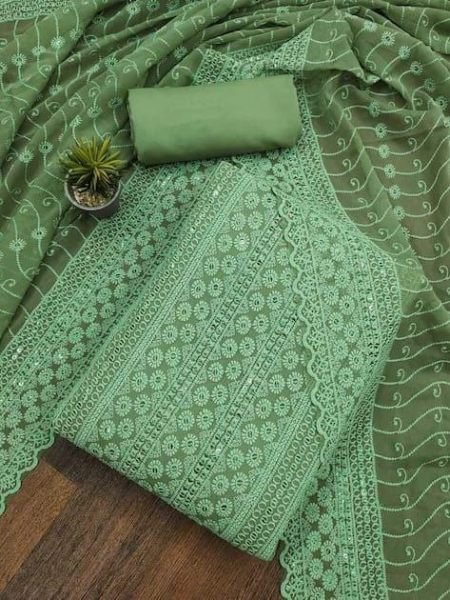 Party Wear Georgette Suit with All Over Siffli and Embroidered Dupatta Color Set Matching Dress Material Wholesale