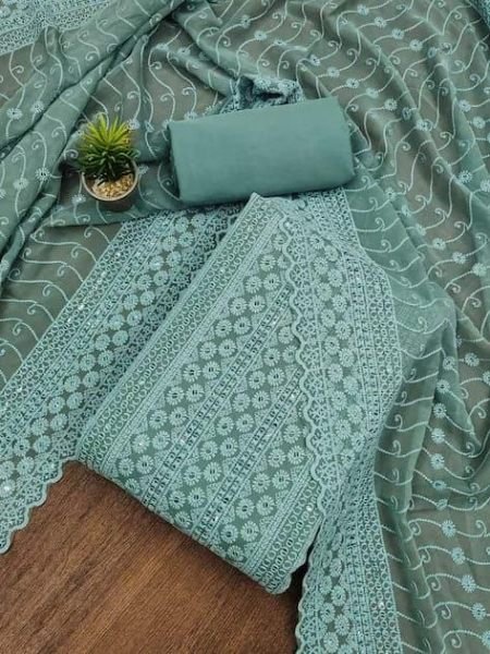 Party Wear Georgette Suit with All-Over Siffli and Embroidered Dupatta Color Set Matching Dress Material Wholesale