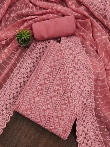 Party Wear Georgette Suit with All Over Siffli and Embroidered Dupatta Color Set Matching Dress Material Wholesale