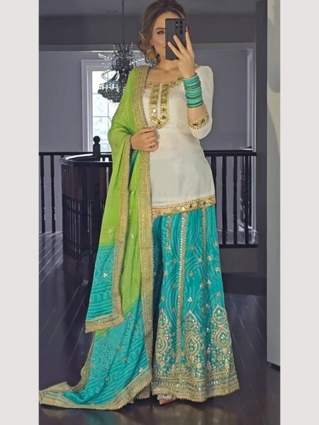 Party Wear Georgette Top Sharara Suit In Fancy Style Ready To Wear Collection