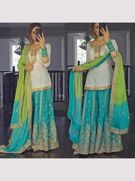 Party Wear Georgette Top Sharara Suit In Fancy Style Ready To Wear Collection