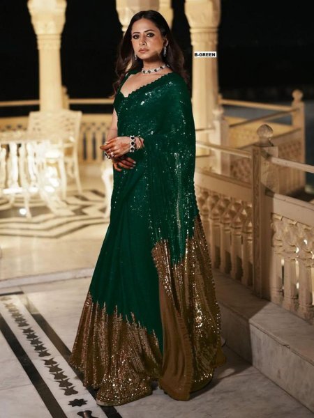 Party Wear Green Bollywood Saree with Dual Sequins Work for Women