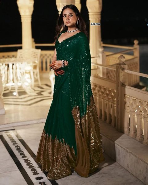 Party Wear Green Bollywood Saree with Dual Sequins Work for Women Bollywood Fancy Sarees Wholesale