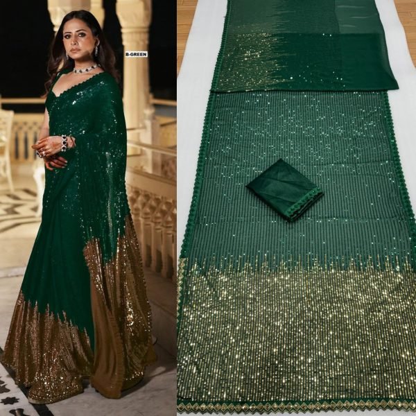 Party Wear Green Bollywood Saree with Dual Sequins Work for Women Bollywood Fancy Sarees Wholesale