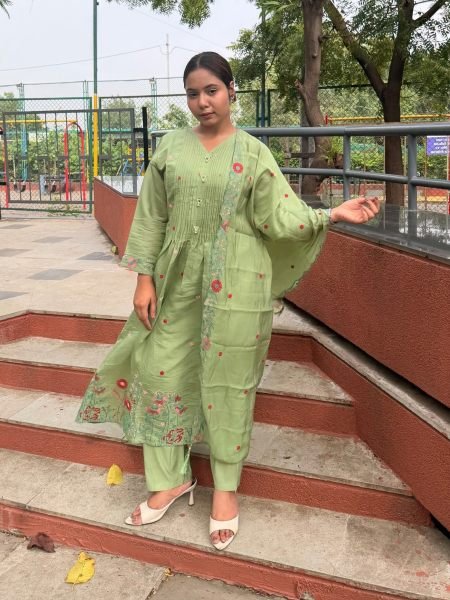 Party Wear Green Mul Chanderi Suit Set with Multi Color Embroidery Kurtis