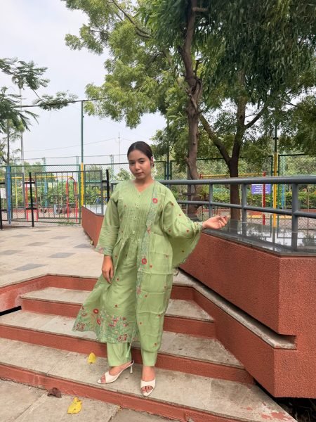 Party Wear Green Mul Chanderi Suit Set with Multi Color Embroidery Embroidery Kurtis 