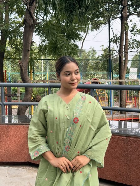 Party Wear Green Mul Chanderi Suit Set with Multi Color Embroidery Embroidery Kurtis 