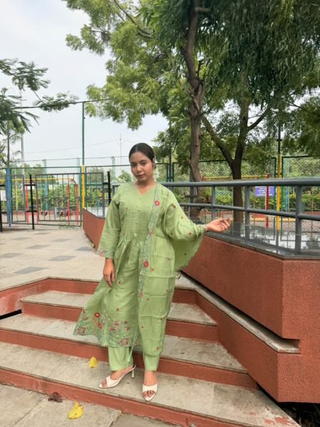 Party Wear Green Mul Chanderi Suit Set with Multi Color Embroidery Embroidery Kurtis 