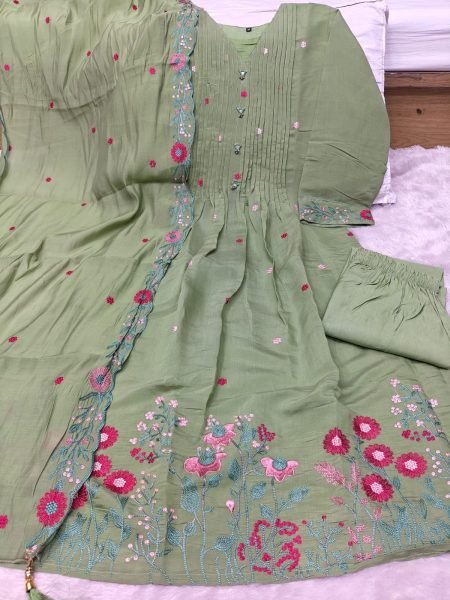 Party Wear Green Mul Chanderi Suit Set with Multi Color Embroidery Embroidery Kurtis 