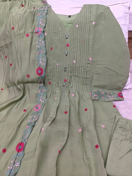 Party Wear Green Mul Chanderi Suit Set with Multi Color Embroidery Embroidery Kurtis 