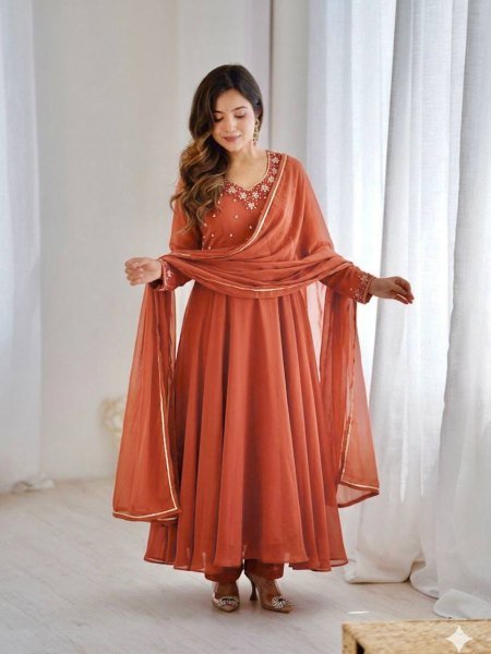 Party Wear Handwork Gown Set with Crepe Bottom   Dupatta Ready To Wear Suit
