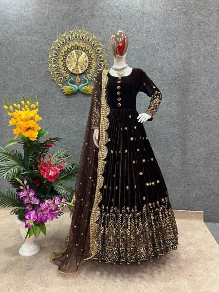  Party Wear Look Heavy Viscos Velvet With Heavy Embroidery Work Gown With Dupatta  Ready To Wear Collection