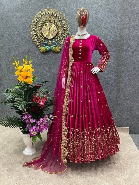  Party Wear Look Heavy Viscos Velvet With Heavy Embroidery Work Gown With Dupatta  Ready To Wear Collection