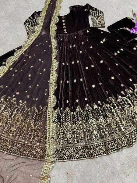  Party Wear Look Heavy Viscos Velvet With Heavy Embroidery Work Gown With Dupatta  Ready To Wear Collection