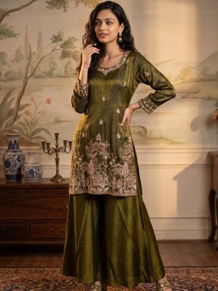 Party Wear Mahendi Green Tissue Silk Salwar Suit with Heavy Embroidery and Handwork Salwar Kameez