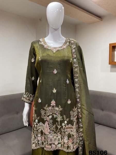 Party Wear Mahendi Green Tissue Silk Salwar Suit with Heavy Embroidery and Handwork Designer Plazzo Salwar Suits Wholesale