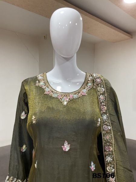 Party Wear Mahendi Green Tissue Silk Salwar Suit with Heavy Embroidery and Handwork Designer Plazzo Salwar Suits Wholesale