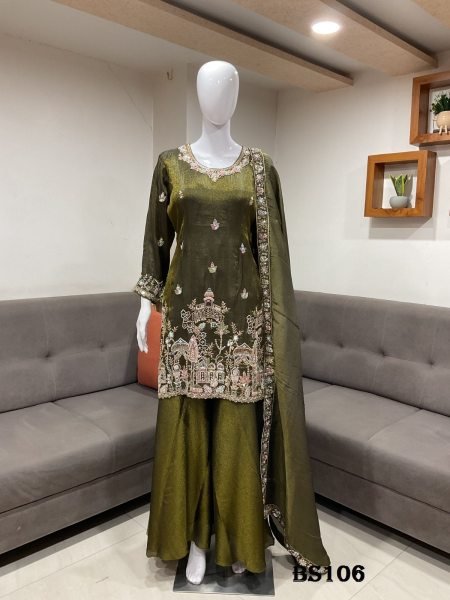Party Wear Mahendi Green Tissue Silk Salwar Suit with Heavy Embroidery and Handwork Designer Plazzo Salwar Suits Wholesale