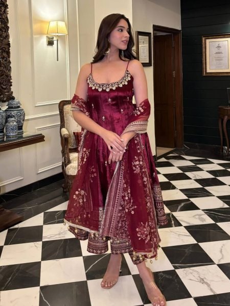 party wear maroon anarkali suit set zari sequins 3 piece gown outfit Ready To Wear Suit