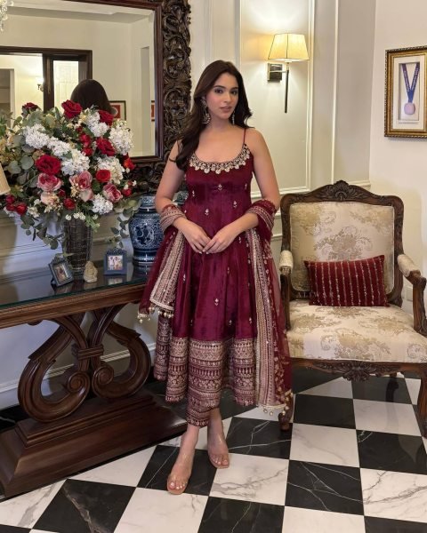 party wear maroon anarkali suit set zari sequins 3 piece gown outfit Ready To Wear Collection
