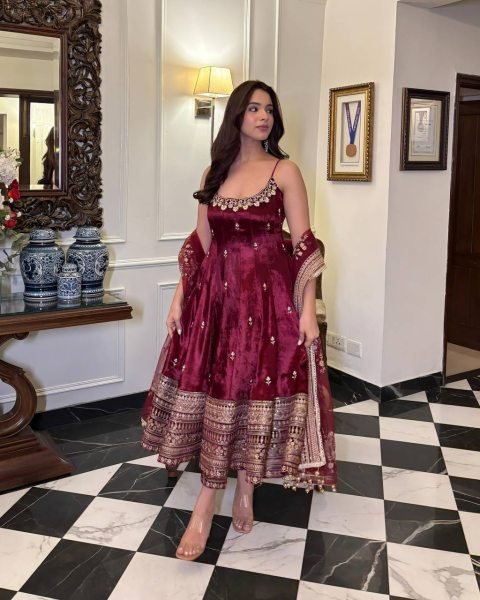 party wear maroon anarkali suit set zari sequins 3 piece gown outfit Ready To Wear Collection
