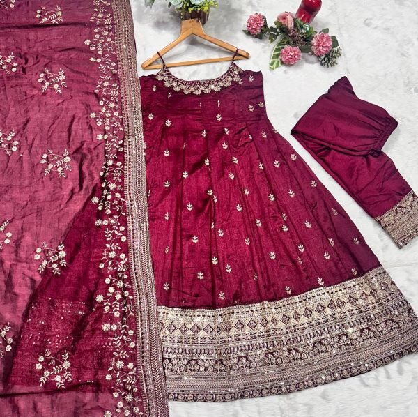 party wear maroon anarkali suit set zari sequins 3 piece gown outfit Ready To Wear Collection