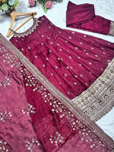 party wear maroon anarkali suit set zari sequins 3 piece gown outfit Ready To Wear Collection
