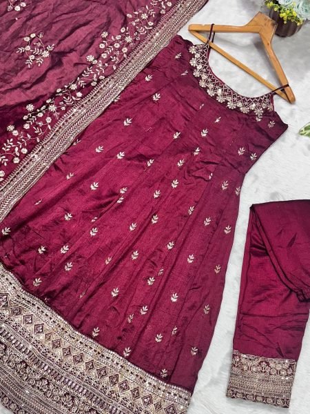 party wear maroon anarkali suit set zari sequins 3 piece gown outfit Ready To Wear Collection