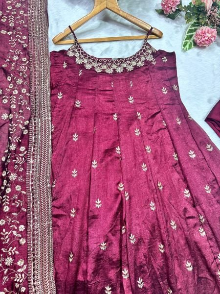 party wear maroon anarkali suit set zari sequins 3 piece gown outfit Ready To Wear Collection