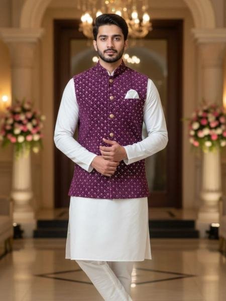 Party Wear Mens Kurta Pyjama with Sequence Jari Work Velvet Nehru Jacket Koti Set Mens Wear