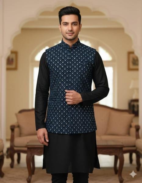 Party Wear Mens Kurta Pyjama with Sequence Jari Work Velvet Nehru Jacket Koti Set Kurta Pajama Wholesale
