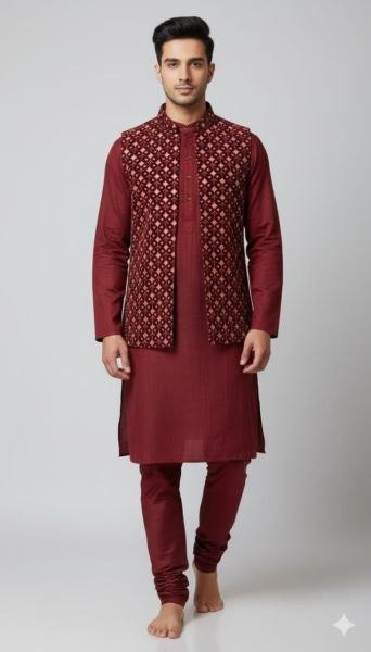 Party Wear Mens Kurta Pyjama with Sequence Jari Work Velvet Nehru Jacket Koti Set Kurta Pajama Wholesale