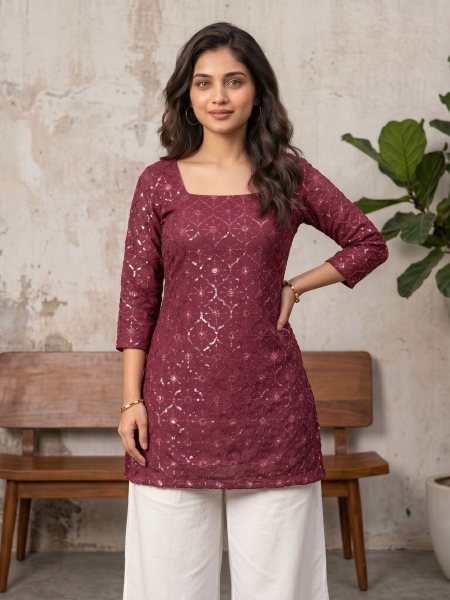 Party Wear Pink Georgette Straight Cut Short Kurti With sequence embroidery Work