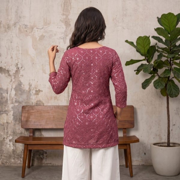 Party Wear Pink Georgette Straight Cut Short Kurti With sequence embroidery Work Full Set Kurti