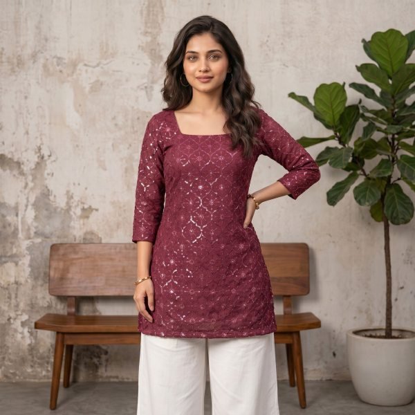 Party Wear Pink Georgette Straight Cut Short Kurti With sequence embroidery Work Full Set Kurti