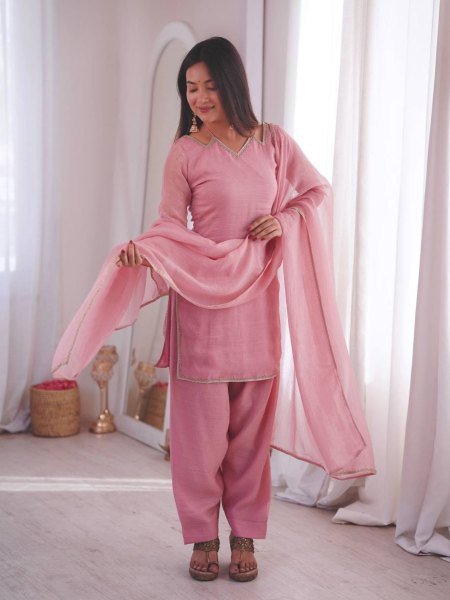 Party Wear Pink Suit Set in Silk for Ladies Affordable Collection Ready To Wear Suit