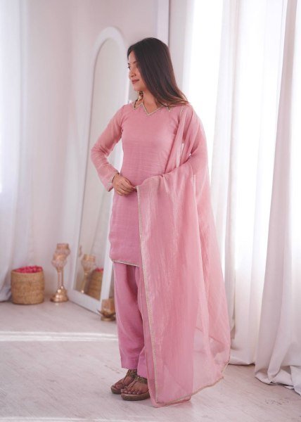 Party Wear Pink Suit Set in Silk for Ladies Affordable Collection Ready To Wear Collection